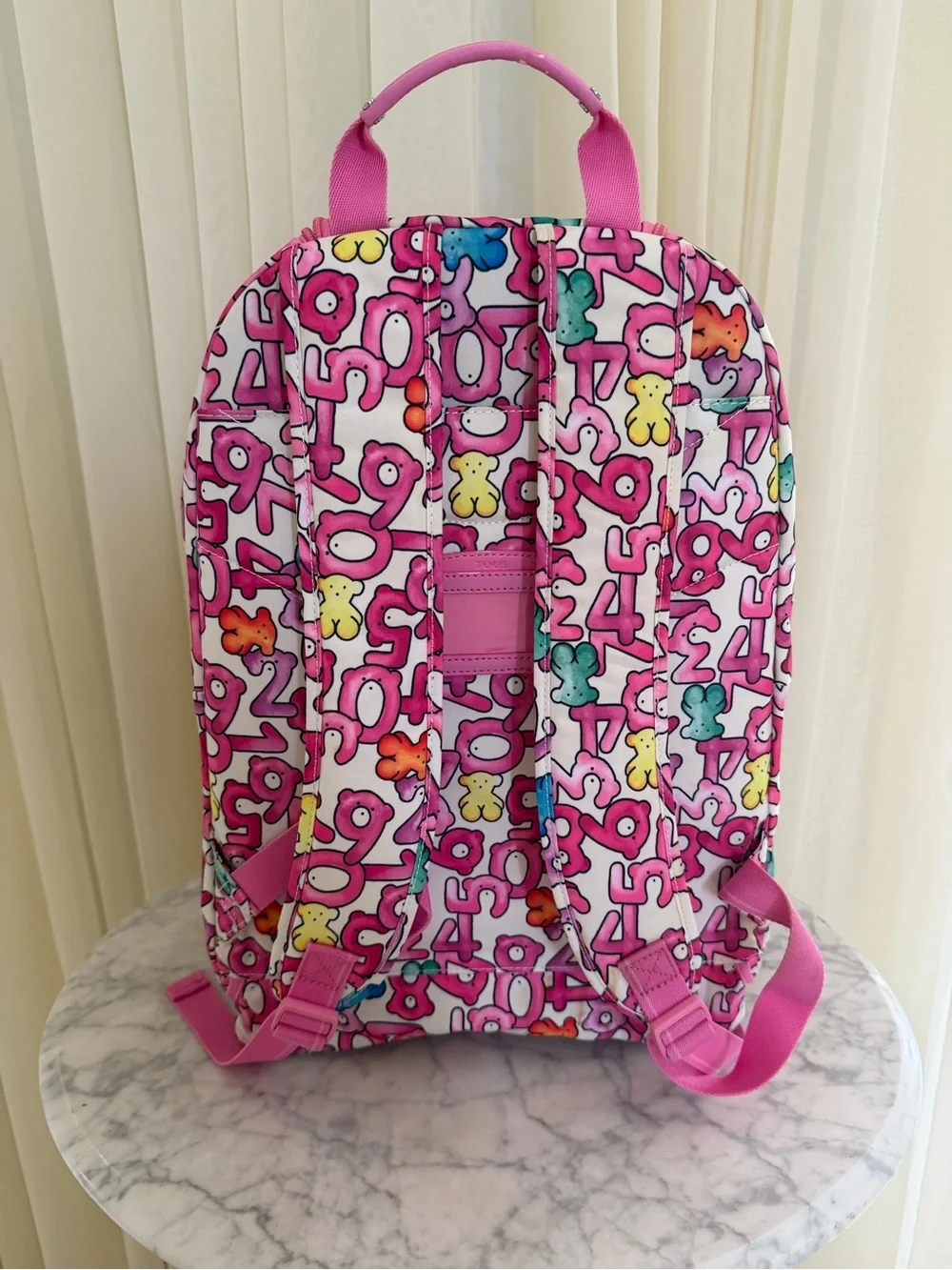 Tous Pink Kids Rolling Backpack with Colorful Number & Bear Print